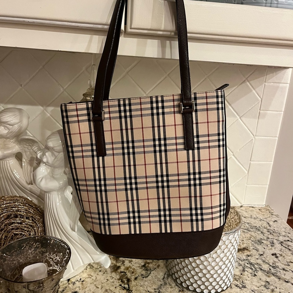Burberry Checkered Tote with Dark Brown Trim